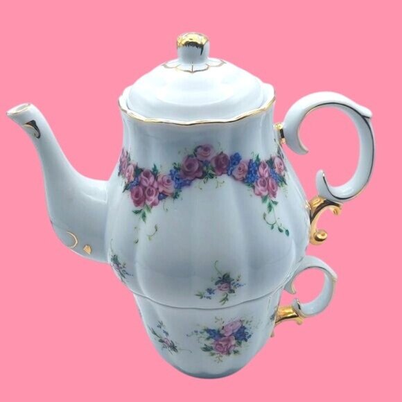 Porcelain Tea For One Floral Stackable 3 Piece Tea Set Roses Gold Trim - Picture 1 of 11